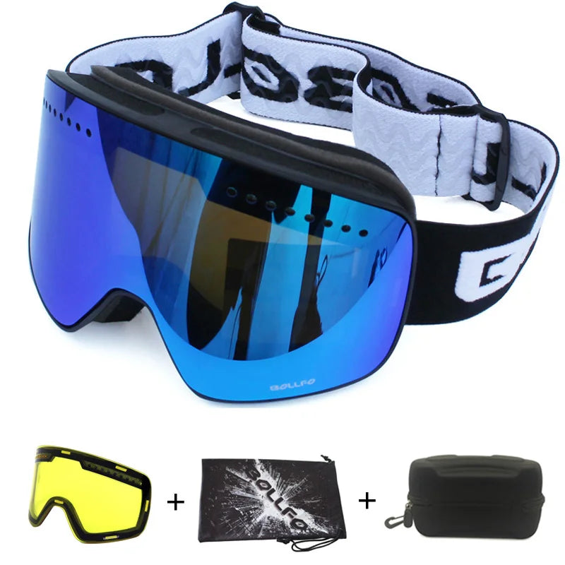 Gafas de esquí con lentes magnéticas de doble capa, máscaras antiniebla UV400, gafas de Snowboard, gafas de esquí para hombres y mujeres con estuche y lente