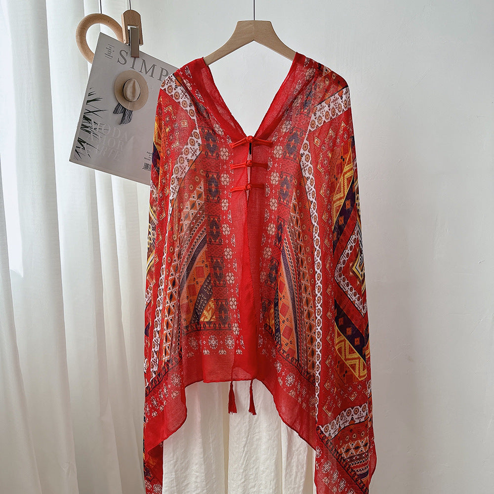 Antique Chinese Style Ethnic Style Scarf Summer Temperament Sunscreen Buckle Shawl Cardigan Decoration Travel Photograph