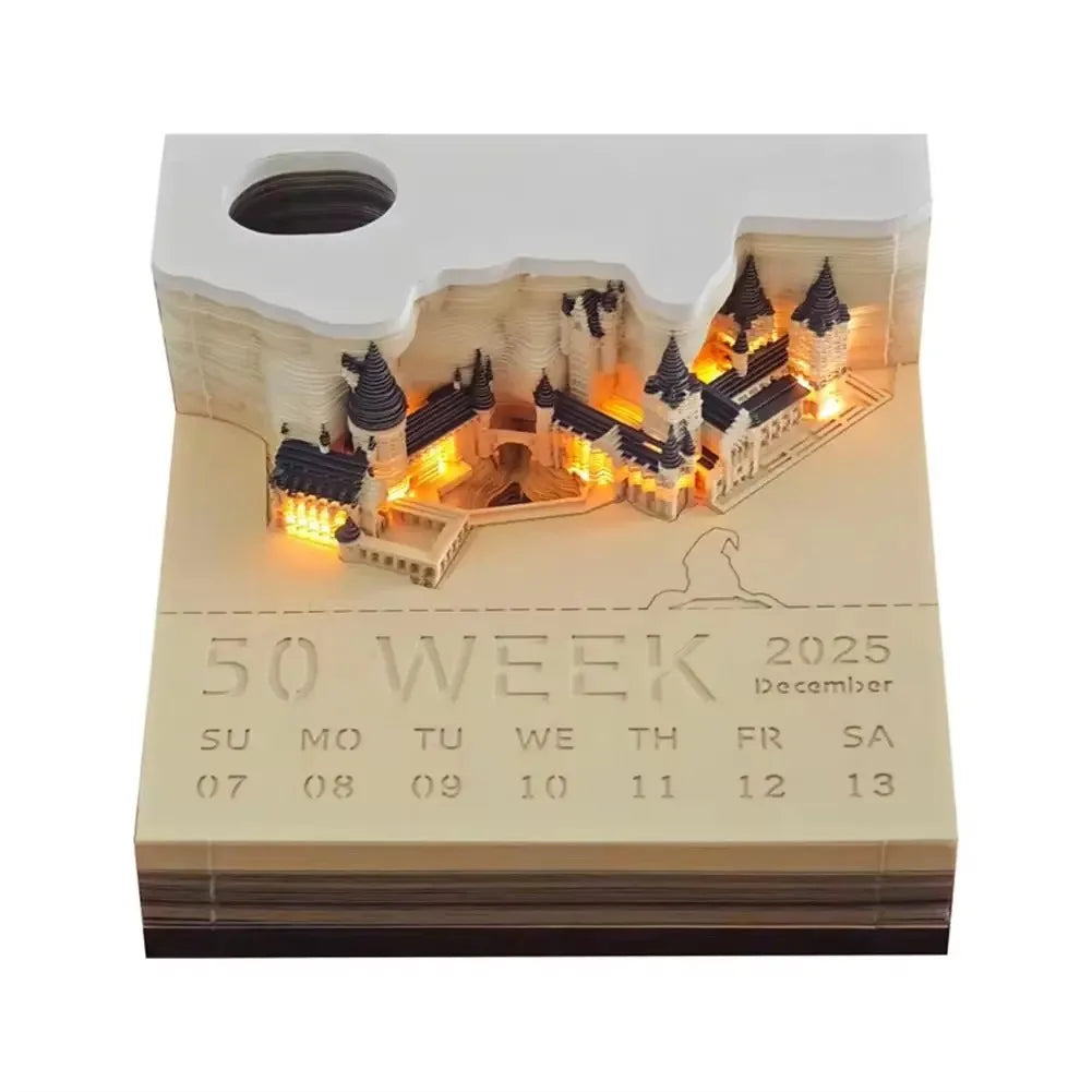 Bloc de Notas 3D 2026, Calendario Desprendible, Bloc de Notas con Luz, Diseño de Castillo Mágico, Papel de Notas con Diseño de Castillo