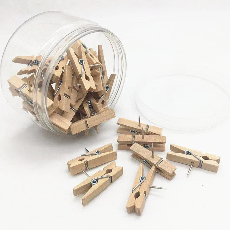 20 unids/caja Clips Pin de empuje con Clips decorativos de madera duraderos papelería para oficina y escuela chinchetas para pizarra de corcho