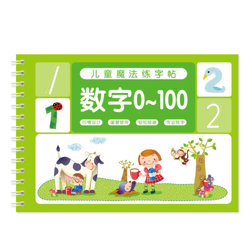 Cuaderno 3D reutilizable para niños, cuadernos de escritura a mano con números de caligrafía, libro de práctica de escritura de matemáticas para aprender a niños