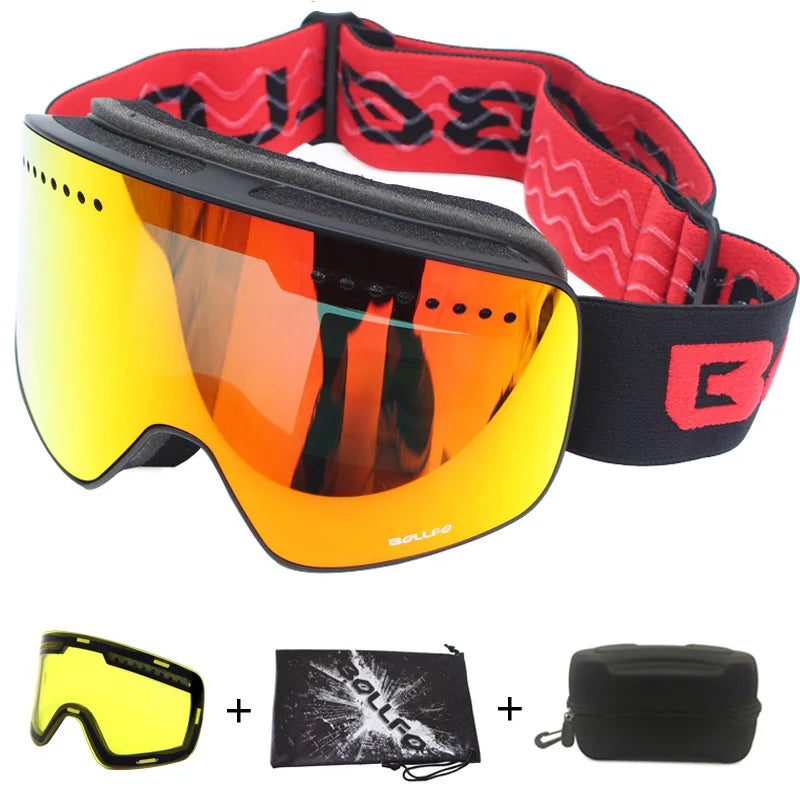 Gafas de esquí con lentes magnéticas de doble capa, máscaras antiniebla UV400, gafas de Snowboard, gafas de esquí para hombres y mujeres con estuche y lente
