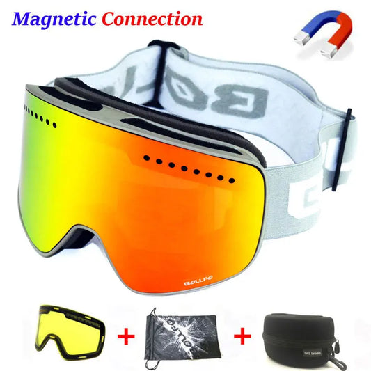 Gafas de esquí con lentes magnéticas de doble capa, máscaras antiniebla UV400, gafas de Snowboard, gafas de esquí para hombres y mujeres con estuche y lente