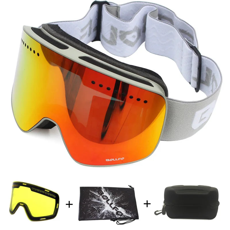 Gafas de esquí con lentes magnéticas de doble capa, máscaras antiniebla UV400, gafas de Snowboard, gafas de esquí para hombres y mujeres con estuche y lente