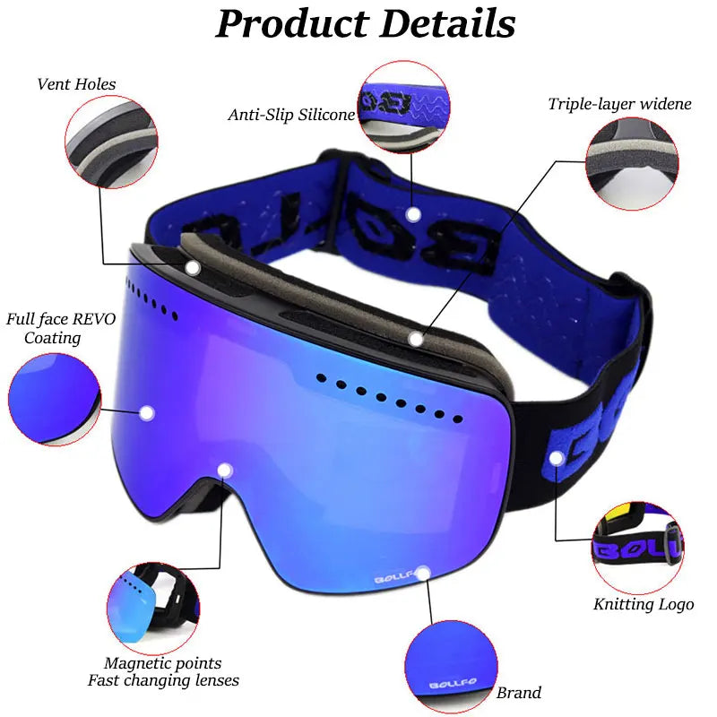 Gafas de esquí con lentes magnéticas de doble capa, máscaras antiniebla UV400, gafas de Snowboard, gafas de esquí para hombres y mujeres con estuche y lente