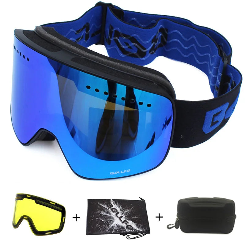 Gafas de esquí con lentes magnéticas de doble capa, máscaras antiniebla UV400, gafas de Snowboard, gafas de esquí para hombres y mujeres con estuche y lente