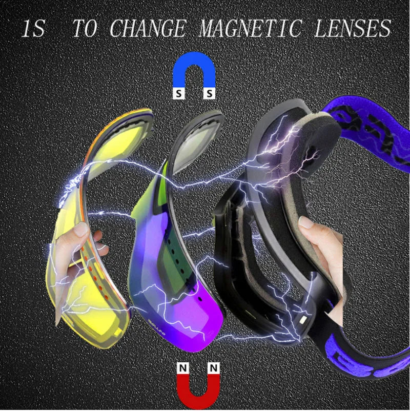 Gafas de esquí con lentes magnéticas de doble capa, máscaras antiniebla UV400, gafas de Snowboard, gafas de esquí para hombres y mujeres con estuche y lente