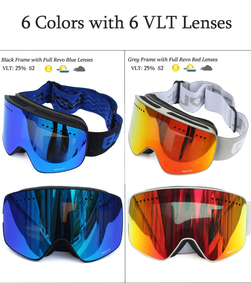 Gafas de esquí con lentes magnéticas de doble capa, máscaras antiniebla UV400, gafas de Snowboard, gafas de esquí para hombres y mujeres con estuche y lente