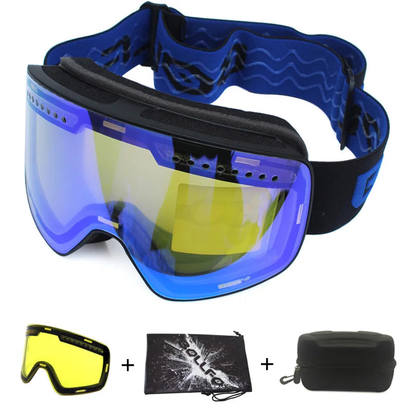 Gafas de esquí con lentes magnéticas de doble capa, máscaras antiniebla UV400, gafas de Snowboard, gafas de esquí para hombres y mujeres con estuche y lente
