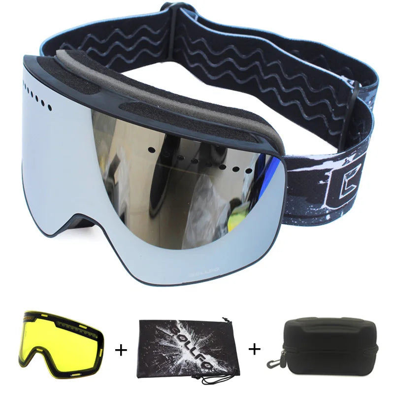 Gafas de esquí con lentes magnéticas de doble capa, máscaras antiniebla UV400, gafas de Snowboard, gafas de esquí para hombres y mujeres con estuche y lente