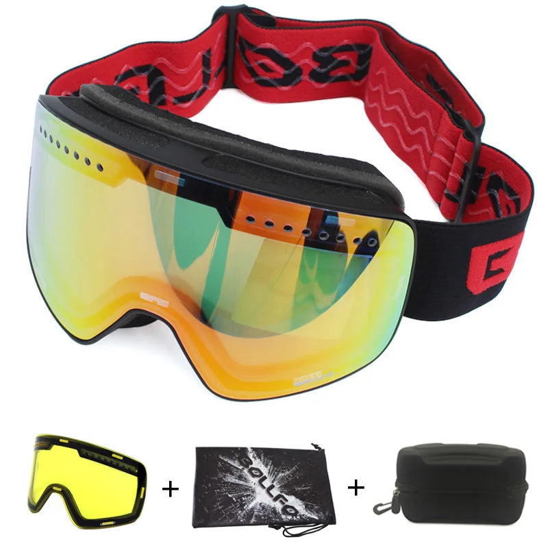 Gafas de esquí con lentes magnéticas de doble capa, máscaras antiniebla UV400, gafas de Snowboard, gafas de esquí para hombres y mujeres con estuche y lente