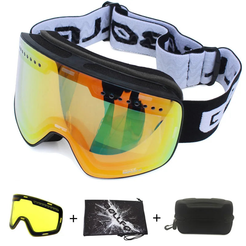 Gafas de esquí con lentes magnéticas de doble capa, máscaras antiniebla UV400, gafas de Snowboard, gafas de esquí para hombres y mujeres con estuche y lente
