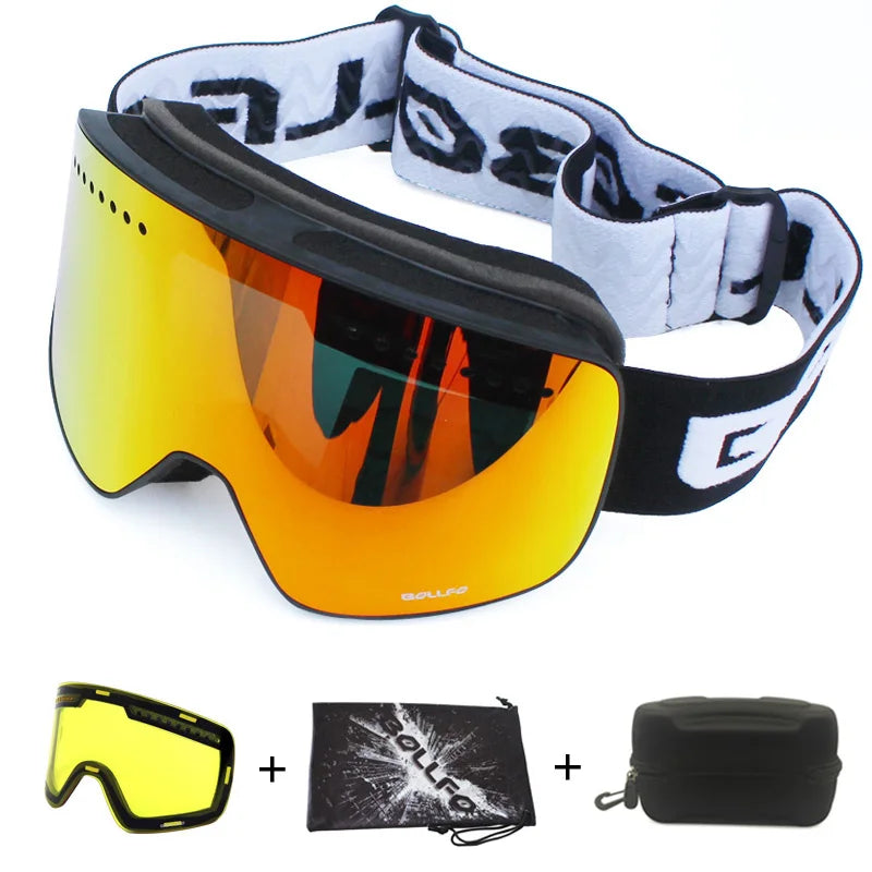 Gafas de esquí con lentes magnéticas de doble capa, máscaras antiniebla UV400, gafas de Snowboard, gafas de esquí para hombres y mujeres con estuche y lente