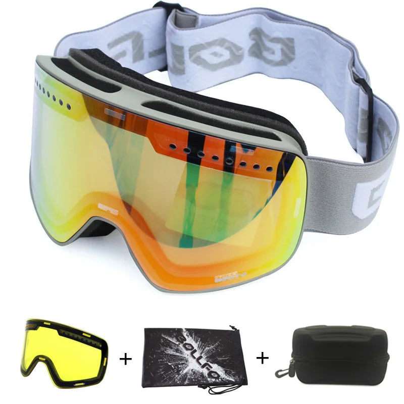 Gafas de esquí con lentes magnéticas de doble capa, máscaras antiniebla UV400, gafas de Snowboard, gafas de esquí para hombres y mujeres con estuche y lente
