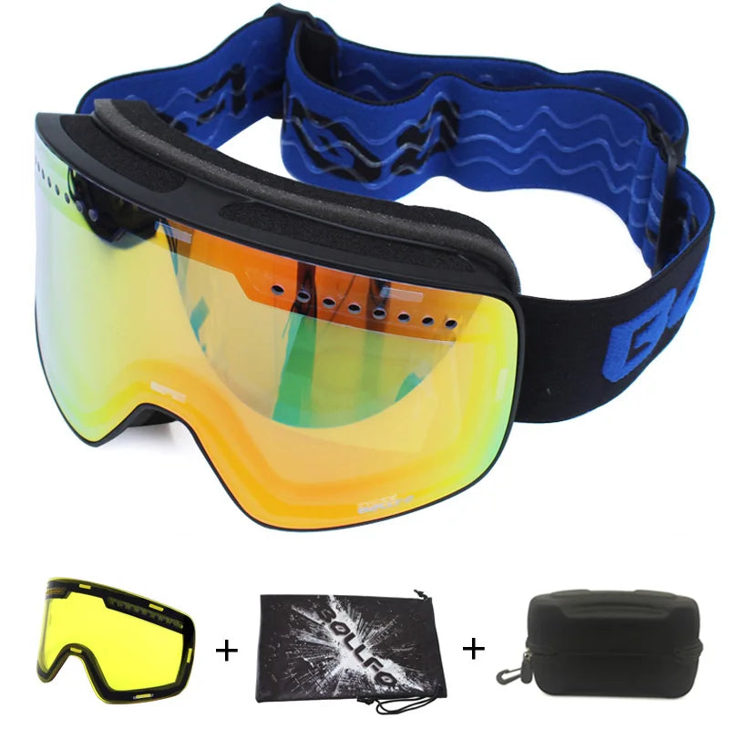 Gafas de esquí con lentes magnéticas de doble capa, máscaras antiniebla UV400, gafas de Snowboard, gafas de esquí para hombres y mujeres con estuche y lente