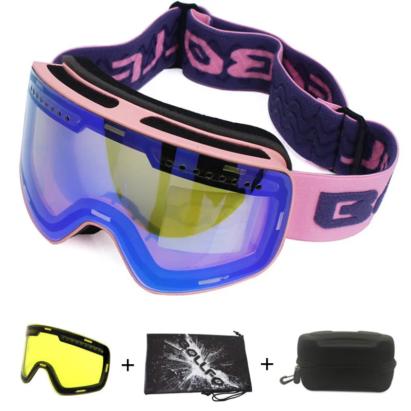 Gafas de esquí con lentes magnéticas de doble capa, máscaras antiniebla UV400, gafas de Snowboard, gafas de esquí para hombres y mujeres con estuche y lente