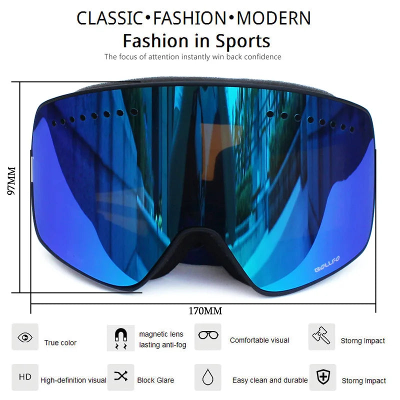 Gafas de esquí con lentes magnéticas de doble capa, máscaras antiniebla UV400, gafas de Snowboard, gafas de esquí para hombres y mujeres con estuche y lente