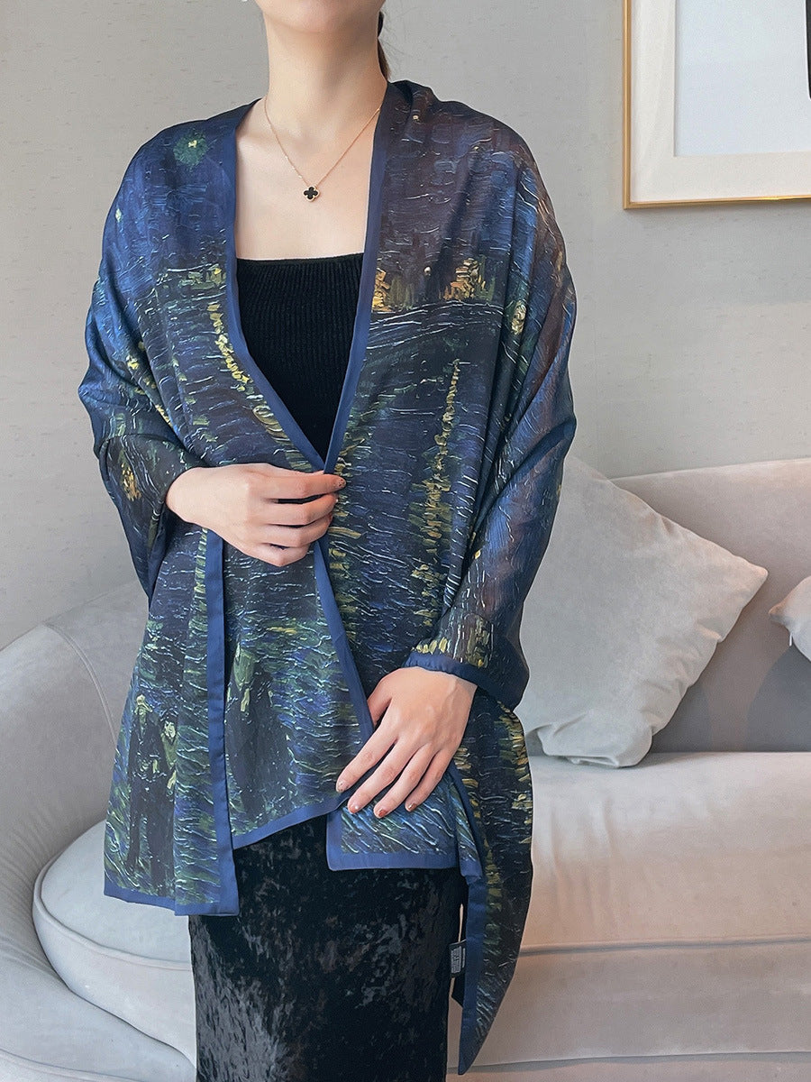 Van Gogh Monet oil painting double-sided double-layer silk scarf women's long 180x70 new silk satin popular fashion scarf shawl New