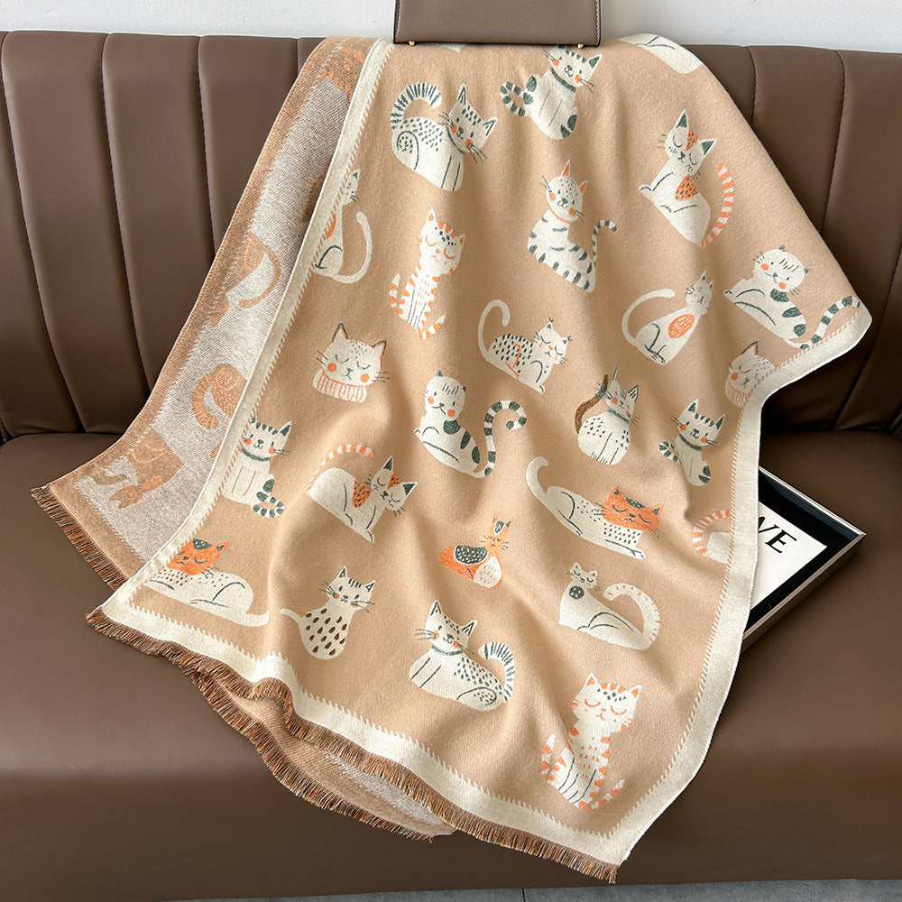 Cartoon Cute Cat Double-Sided Double-Wearing Imitation Cashmere Women's Winter Thickened Warm Neck Shawl Student Soft