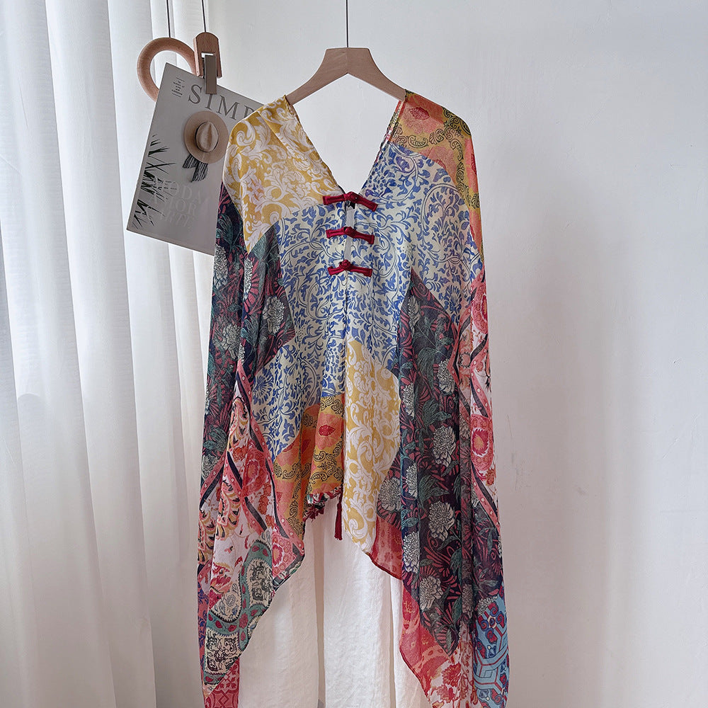 Antique Chinese Style Ethnic Style Scarf Summer Temperament Sunscreen Buckle Shawl Cardigan Decoration Travel Photograph