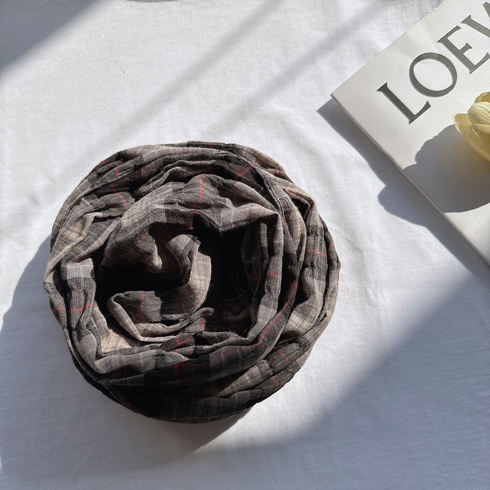 100% Pure Cotton Artistic Plaid Scarf Four Seasons Japanese Style All-match Neck Protector Long Thin Scarf Women's Summer Scarf