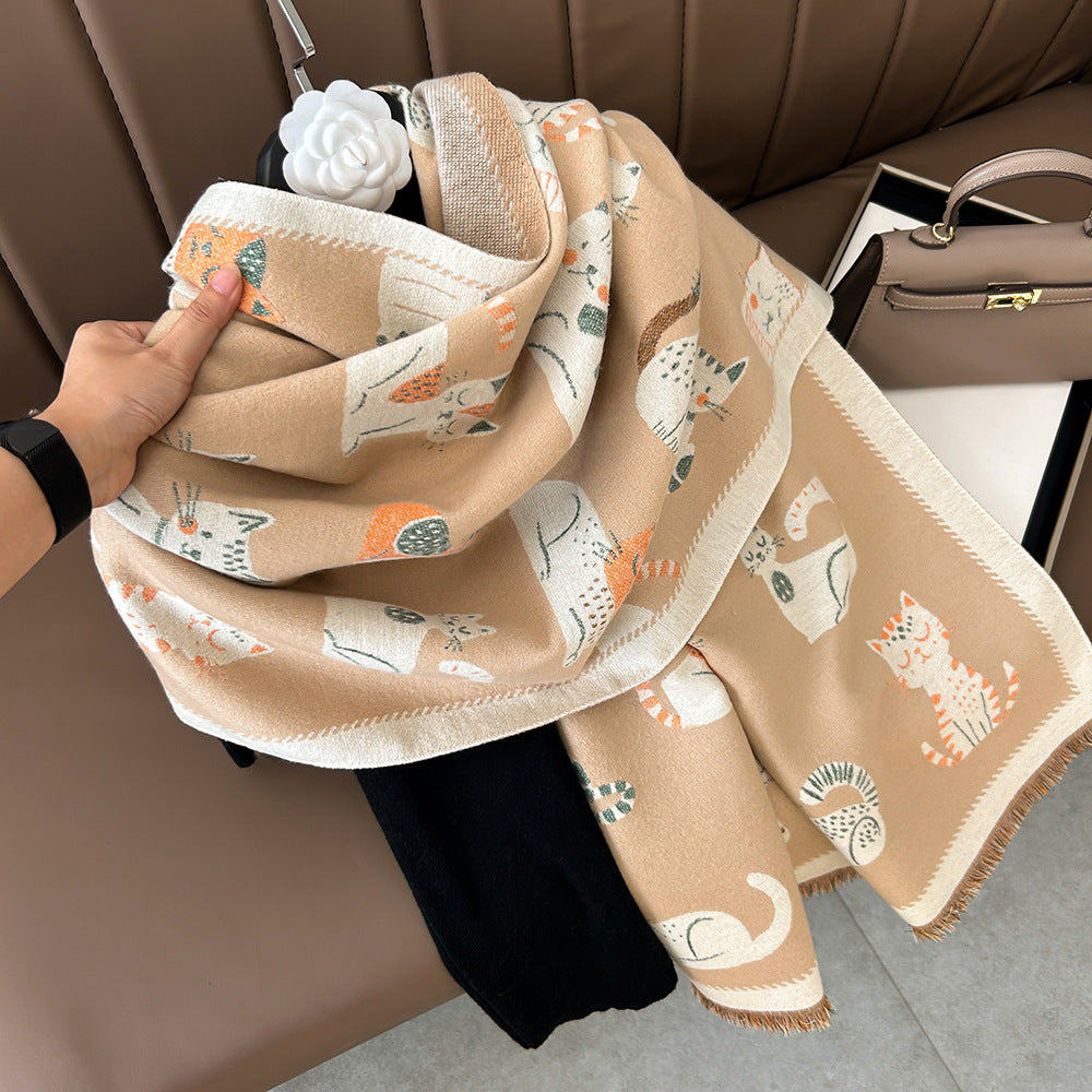 Cartoon Cute Cat Double-Sided Double-Wearing Imitation Cashmere Women's Winter Thickened Warm Neck Shawl Student Soft