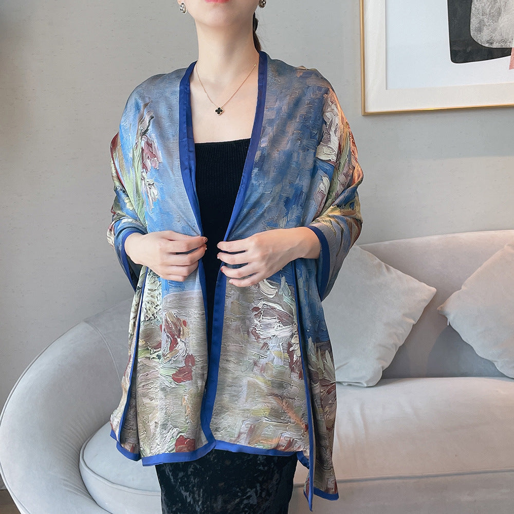 Van Gogh Monet oil painting double-sided double-layer silk scarf women's long 180x70 new silk satin popular fashion scarf shawl New