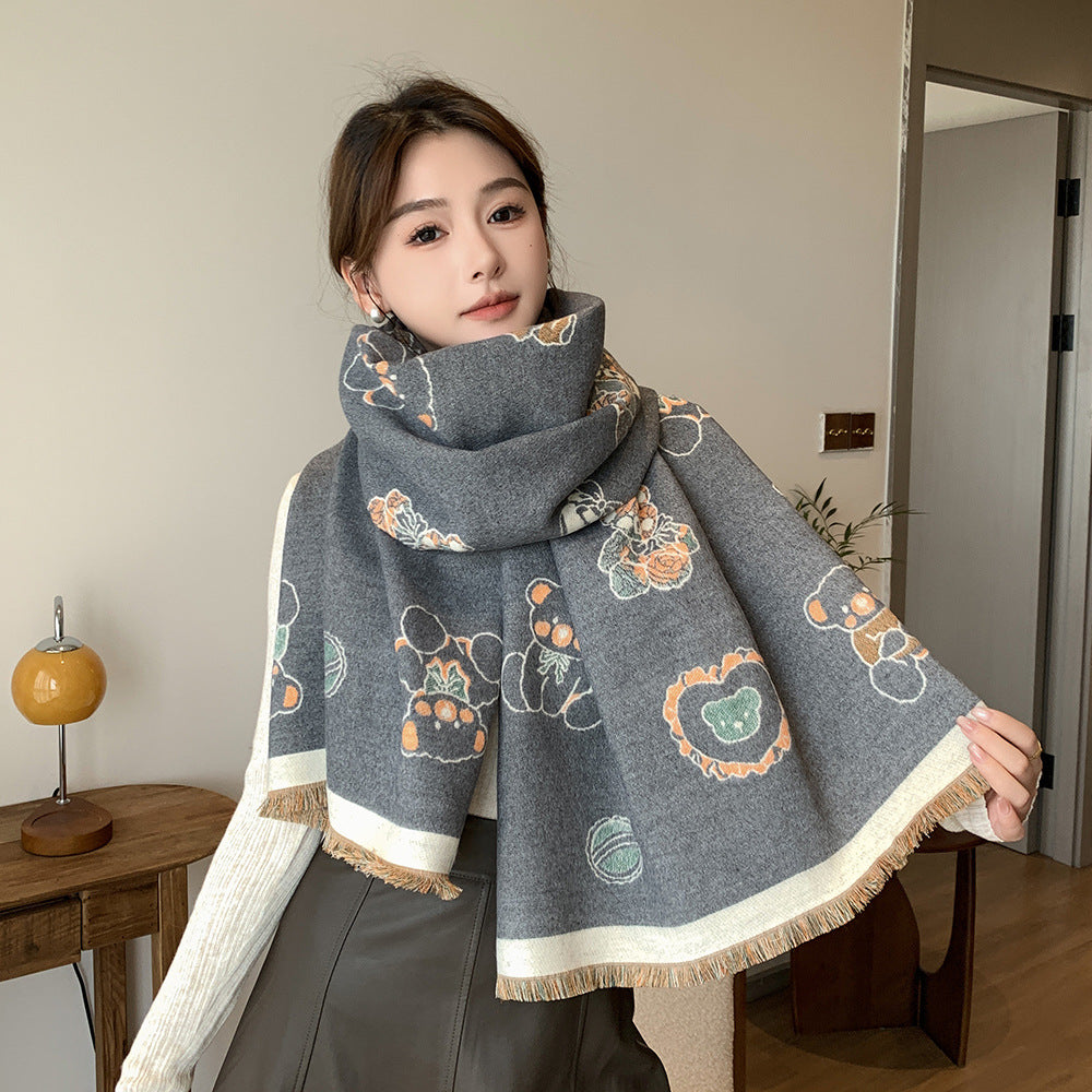 Cartoon Cute Cat Double-Sided Double-Wearing Imitation Cashmere Women's Winter Thickened Warm Neck Shawl Student Soft