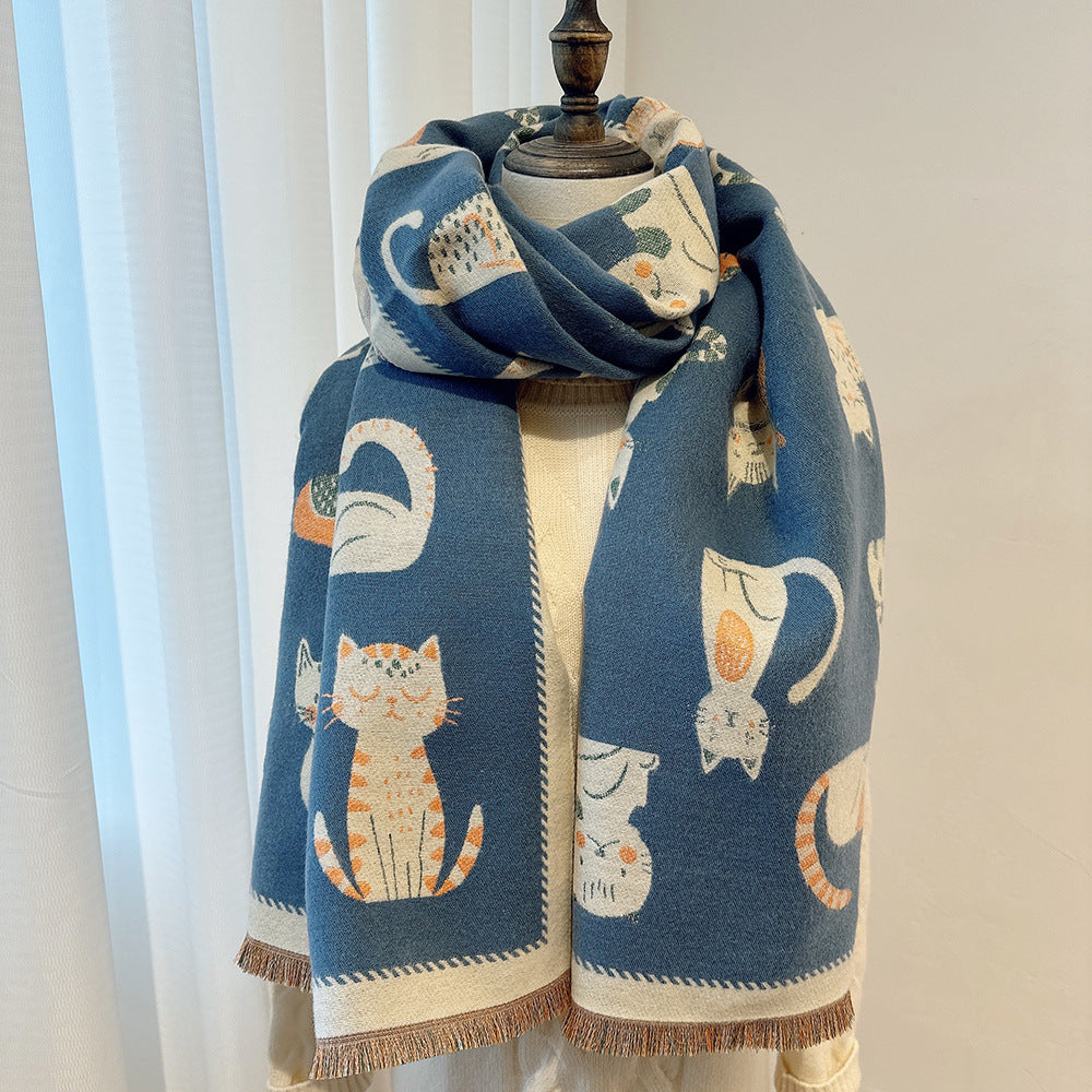 Cartoon Cute Cat Double-Sided Double-Wearing Imitation Cashmere Women's Winter Thickened Warm Neck Shawl Student Soft