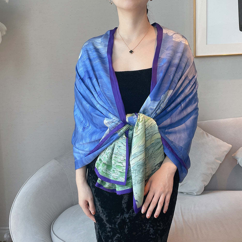 Van Gogh Monet oil painting double-sided double-layer silk scarf women's long 180x70 new silk satin popular fashion scarf shawl New