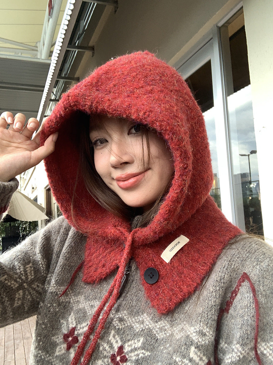 Balaclava Hat New Women's Winter Face-Show Small Ear Protection Neck Integrated Warm Knitted Roll Wool Hat