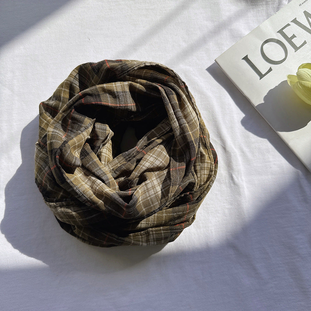 100% Pure Cotton Artistic Plaid Scarf Four Seasons Japanese Style All-match Neck Protector Long Thin Scarf Women's Summer Scarf