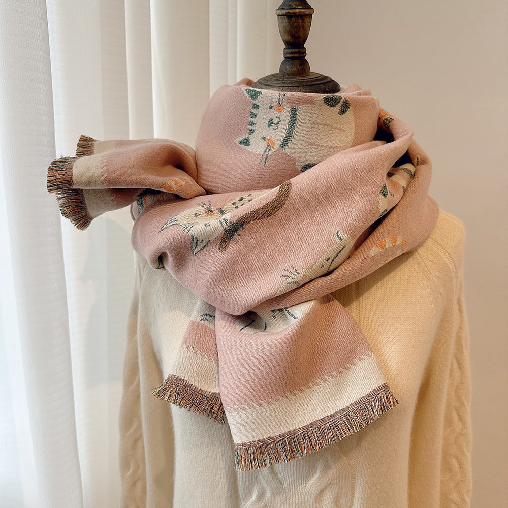 Cartoon Cute Cat Double-Sided Double-Wearing Imitation Cashmere Women's Winter Thickened Warm Neck Shawl Student Soft