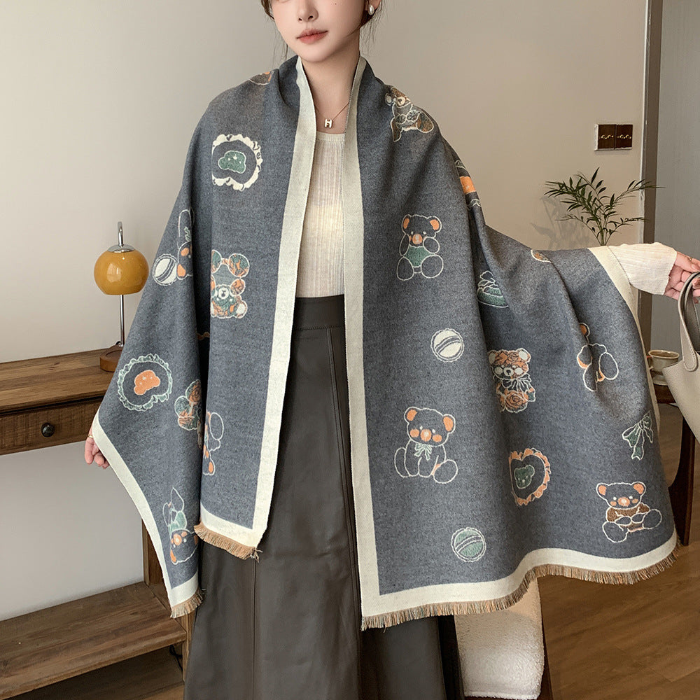 Cartoon Cute Cat Double-Sided Double-Wearing Imitation Cashmere Women's Winter Thickened Warm Neck Shawl Student Soft