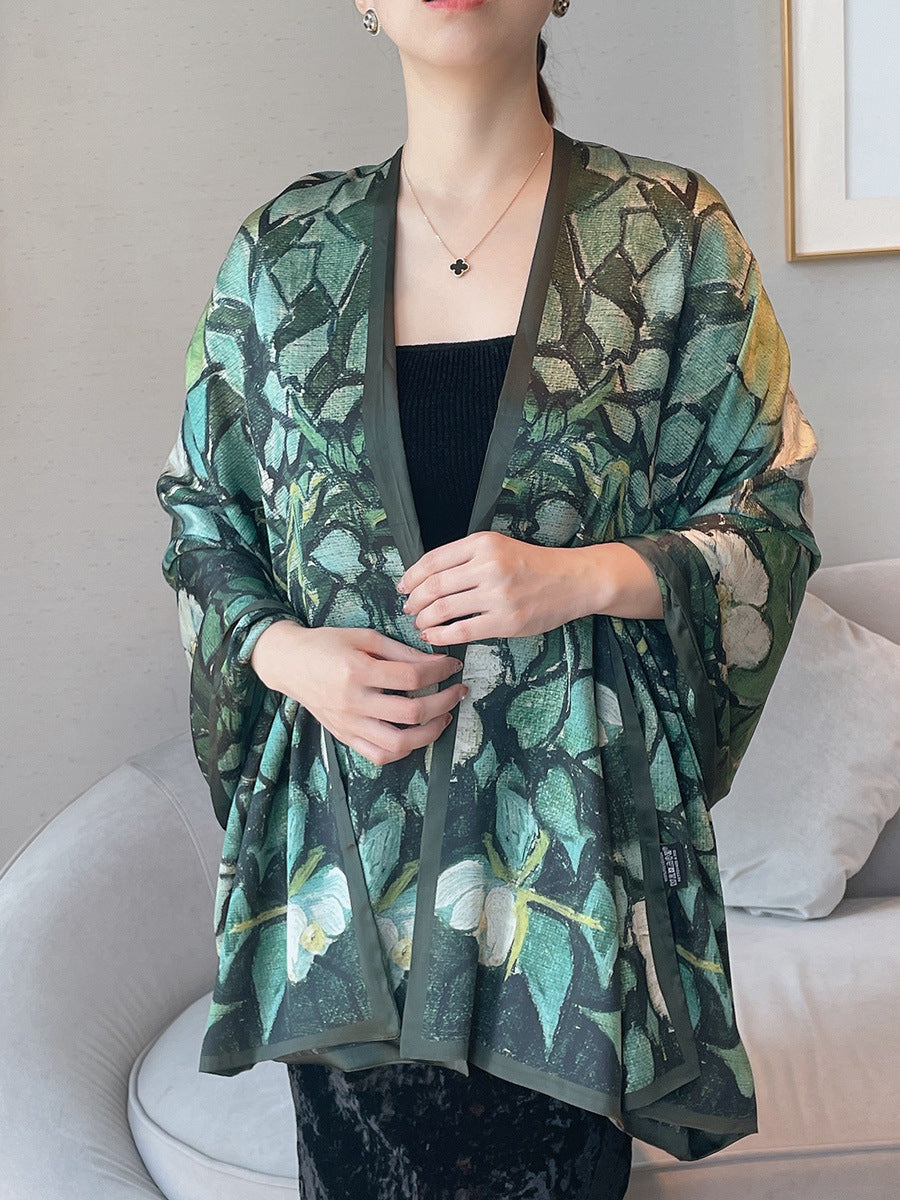 Van Gogh Monet oil painting double-sided double-layer silk scarf women's long 180x70 new silk satin popular fashion scarf shawl New