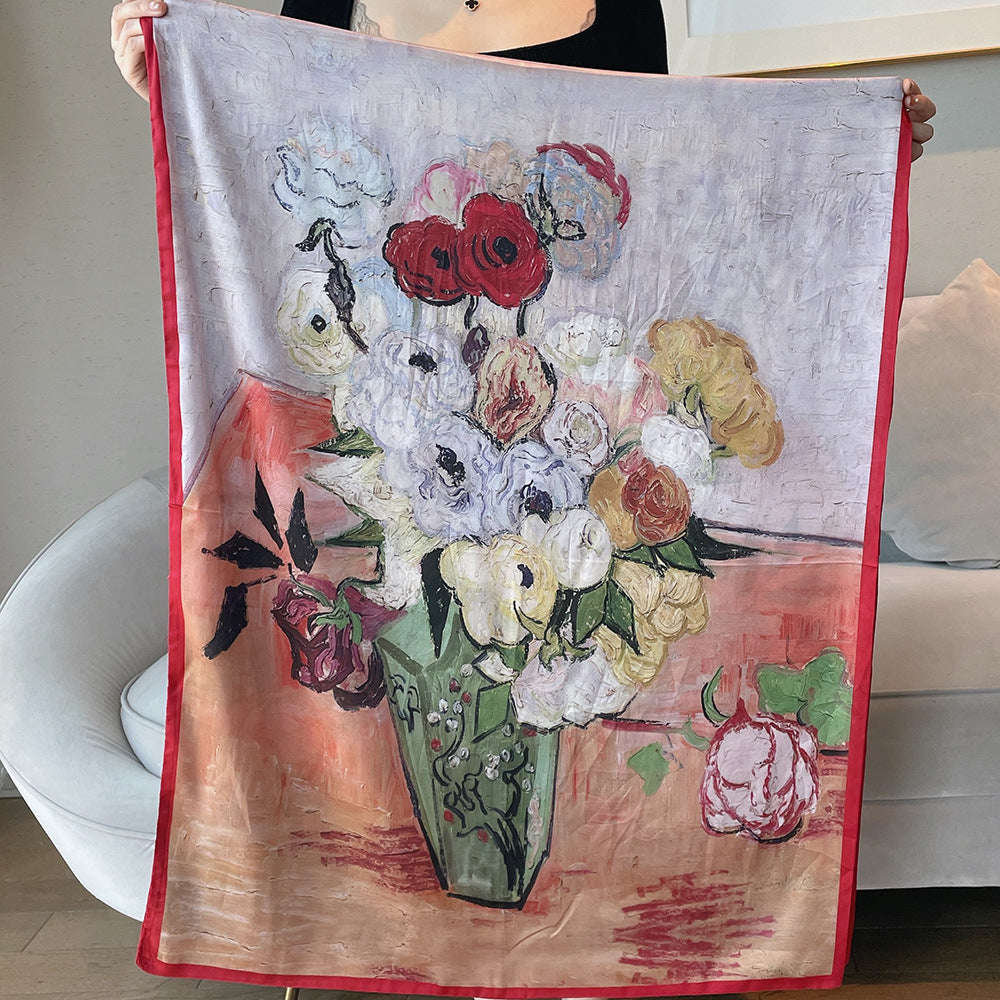 Van Gogh Monet oil painting double-sided double-layer silk scarf women's long 180x70 new silk satin popular fashion scarf shawl New