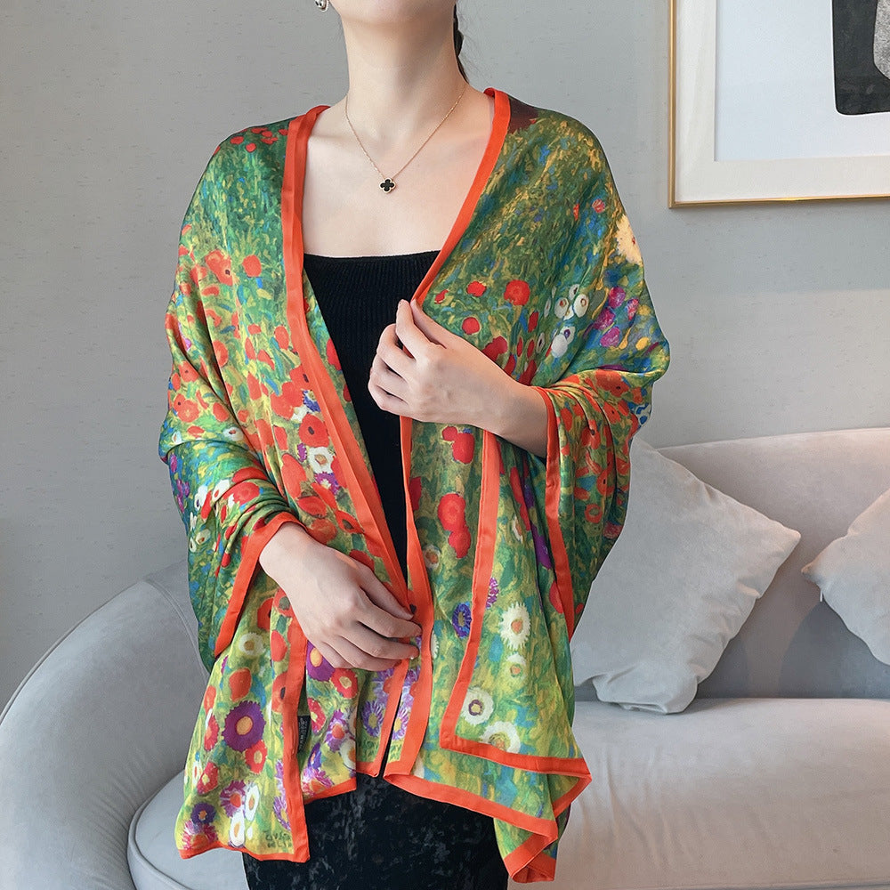 Van Gogh Monet oil painting double-sided double-layer silk scarf women's long 180x70 new silk satin popular fashion scarf shawl New