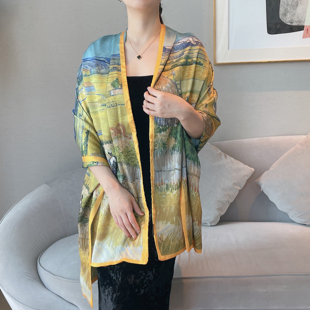 Van Gogh Monet oil painting double-sided double-layer silk scarf women's long 180x70 new silk satin popular fashion scarf shawl New