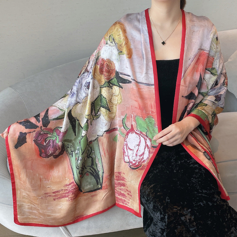 Van Gogh Monet oil painting double-sided double-layer silk scarf women's long 180x70 new silk satin popular fashion scarf shawl New