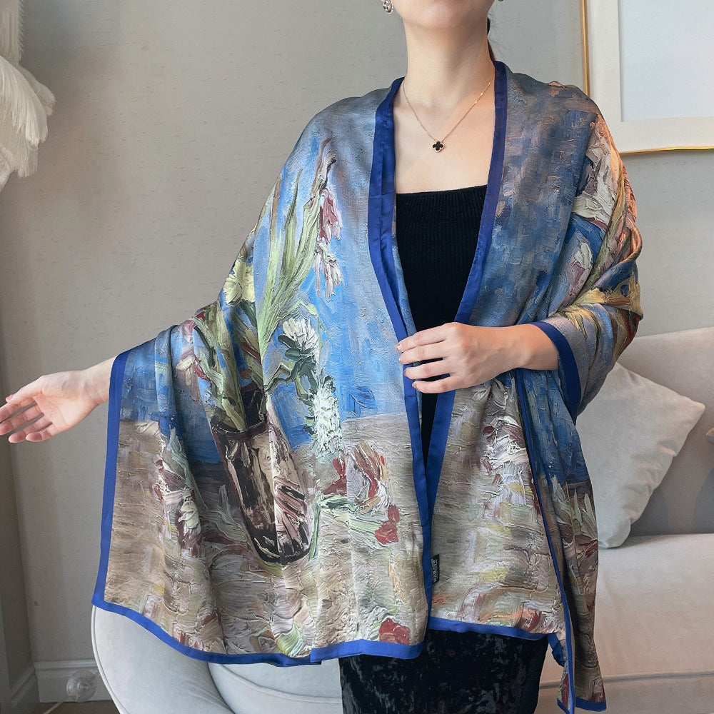Van Gogh Monet oil painting double-sided double-layer silk scarf women's long 180x70 new silk satin popular fashion scarf shawl New