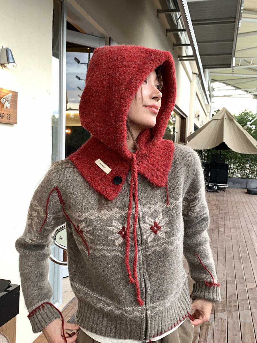 Balaclava Hat New Women's Winter Face-Show Small Ear Protection Neck Integrated Warm Knitted Roll Wool Hat