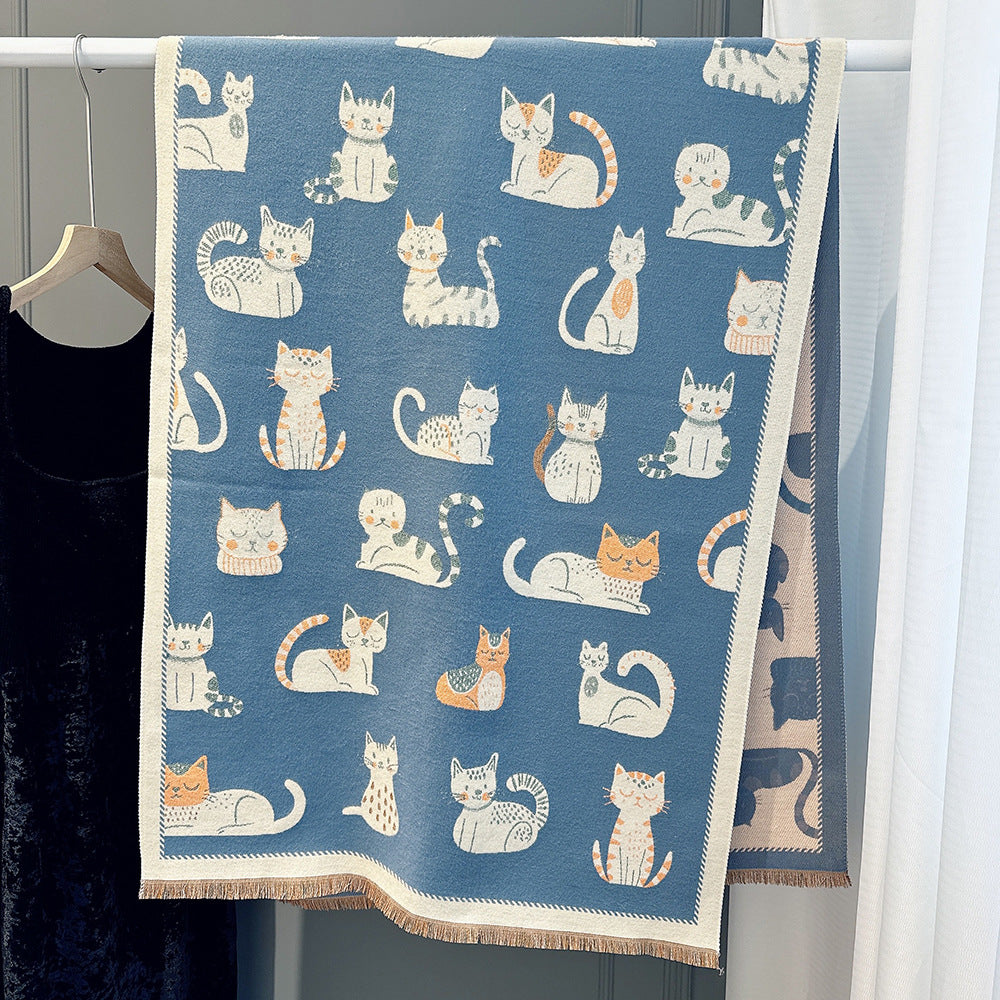 Cartoon Cute Cat Double-Sided Double-Wearing Imitation Cashmere Women's Winter Thickened Warm Neck Shawl Student Soft