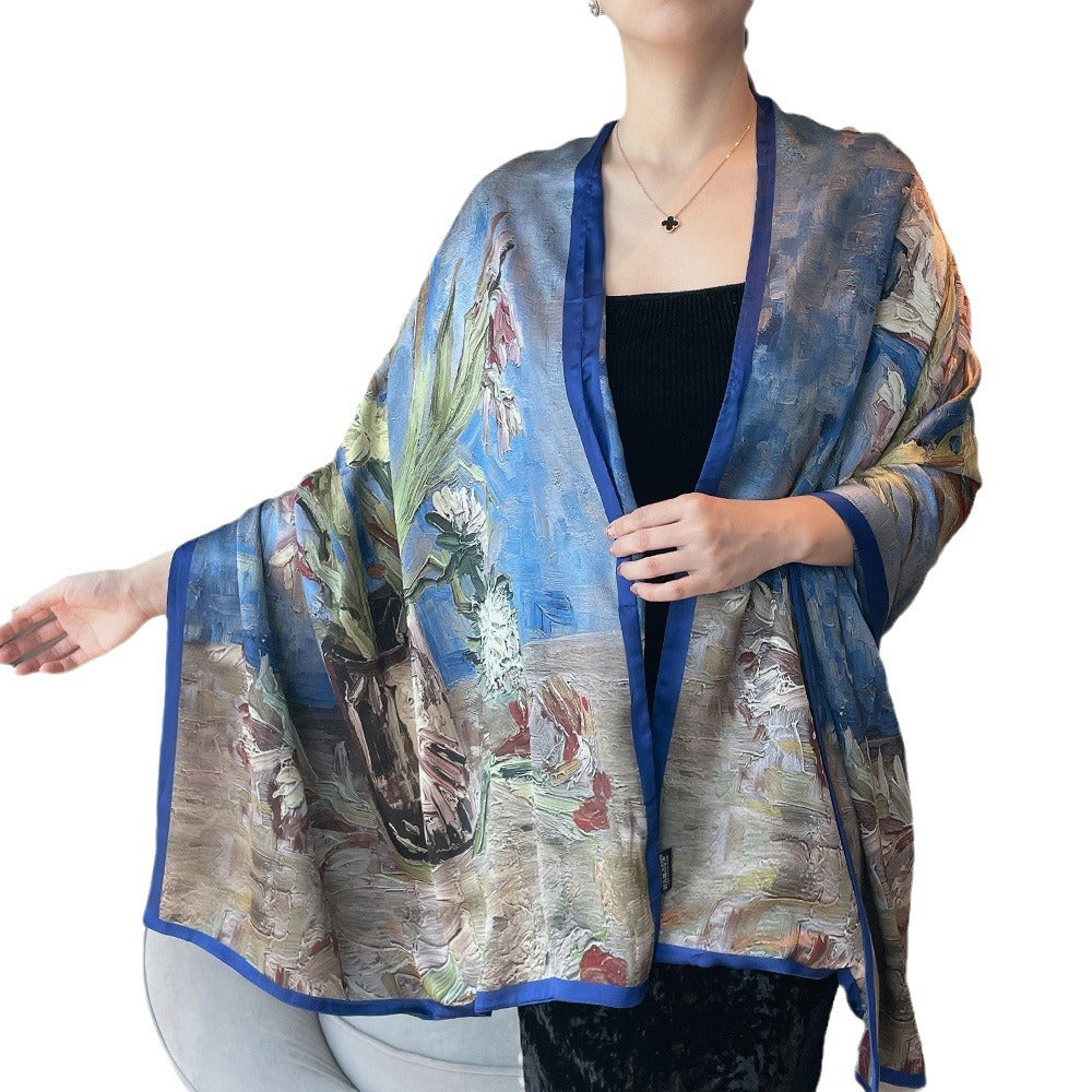 Van Gogh Monet oil painting double-sided double-layer silk scarf women's long 180x70 new silk satin popular fashion scarf shawl New