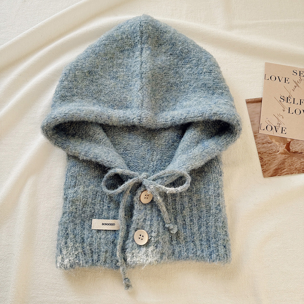 Balaclava Hat New Women's Winter Face-Show Small Ear Protection Neck Integrated Warm Knitted Roll Wool Hat