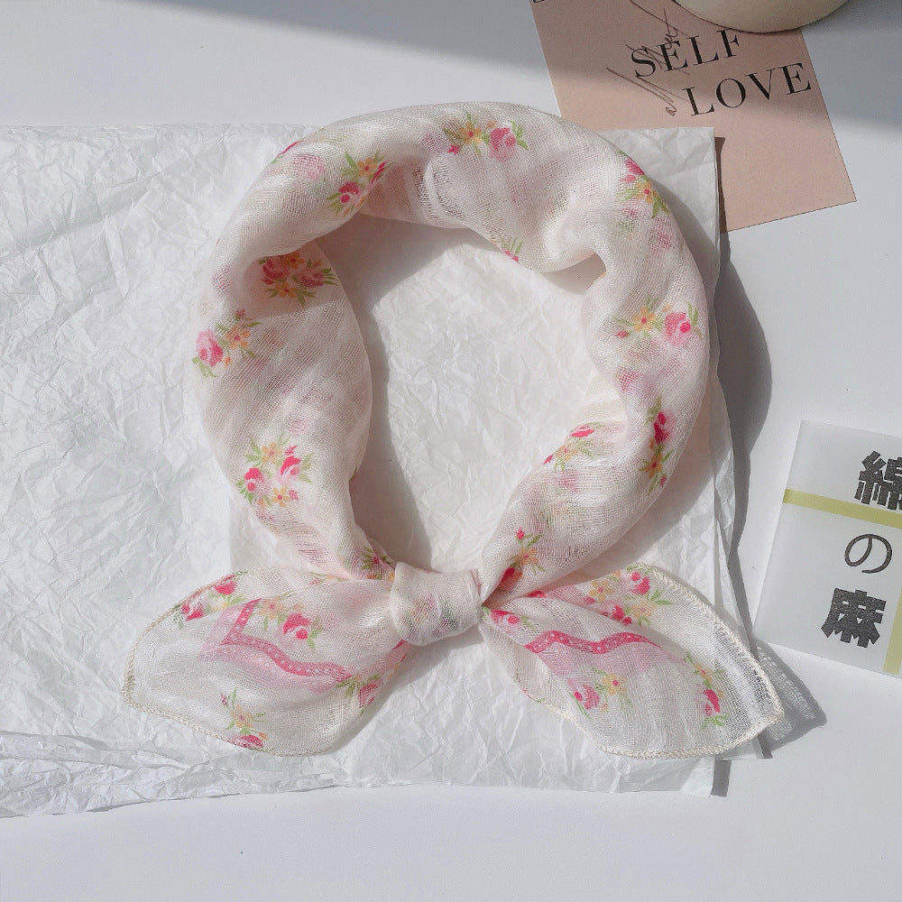 Upgraded Japanese cotton and linen square scarf 58x58 breathable all-match pastoral style floral photo matching scarf headscarf for women