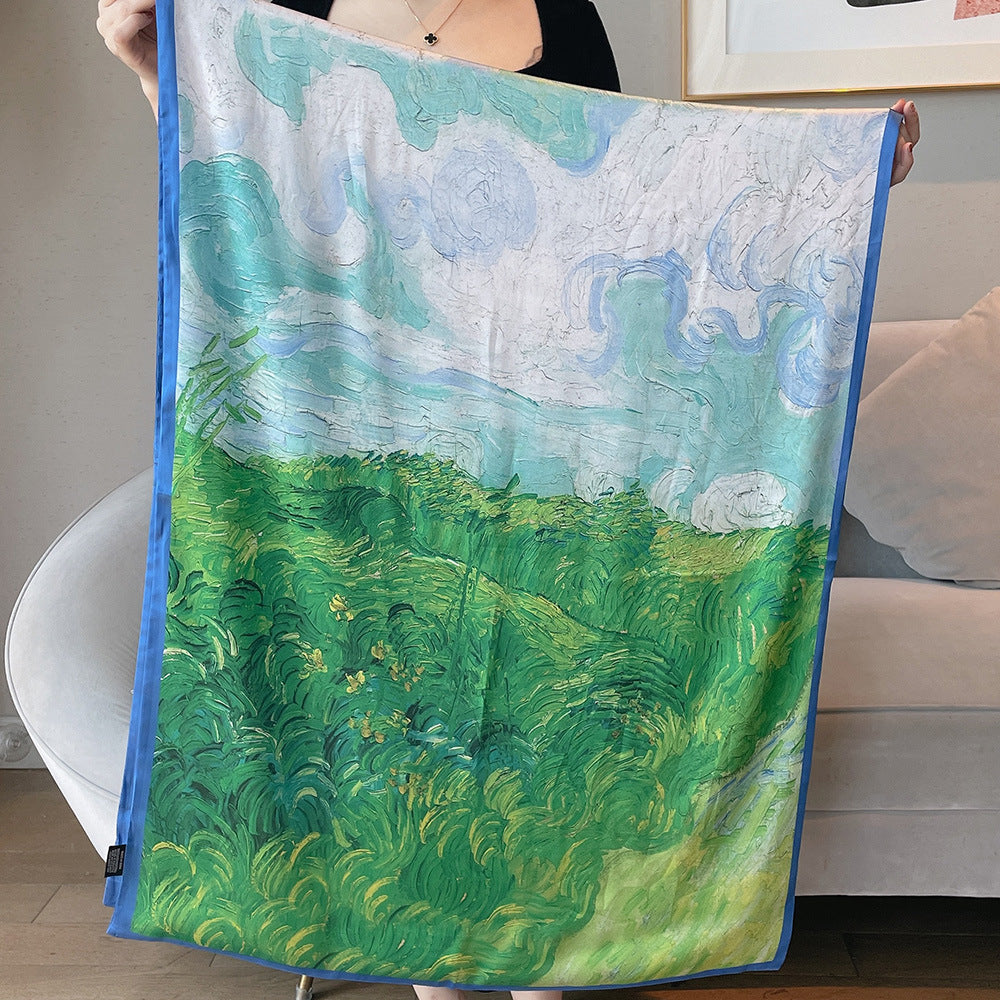 Van Gogh Monet oil painting double-sided double-layer silk scarf women's long 180x70 new silk satin popular fashion scarf shawl New