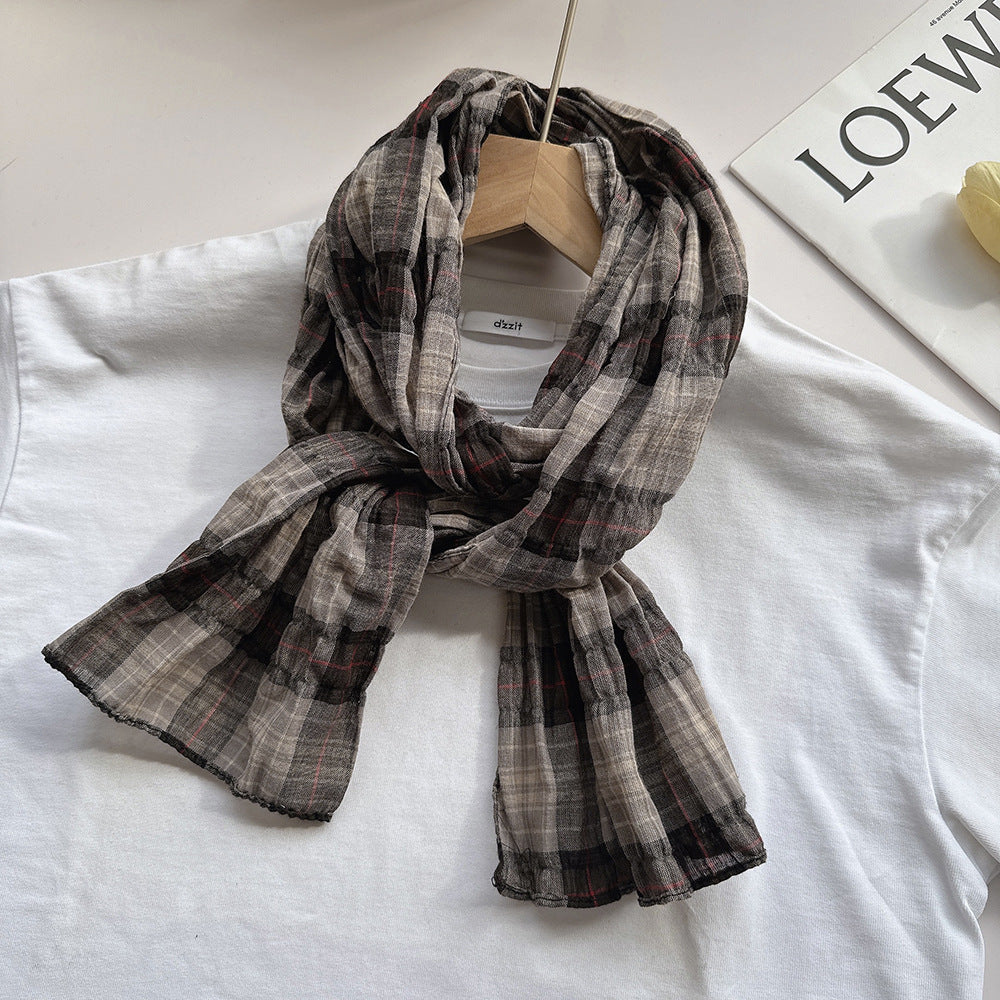 100% Pure Cotton Artistic Plaid Scarf Four Seasons Japanese Style All-match Neck Protector Long Thin Scarf Women's Summer Scarf