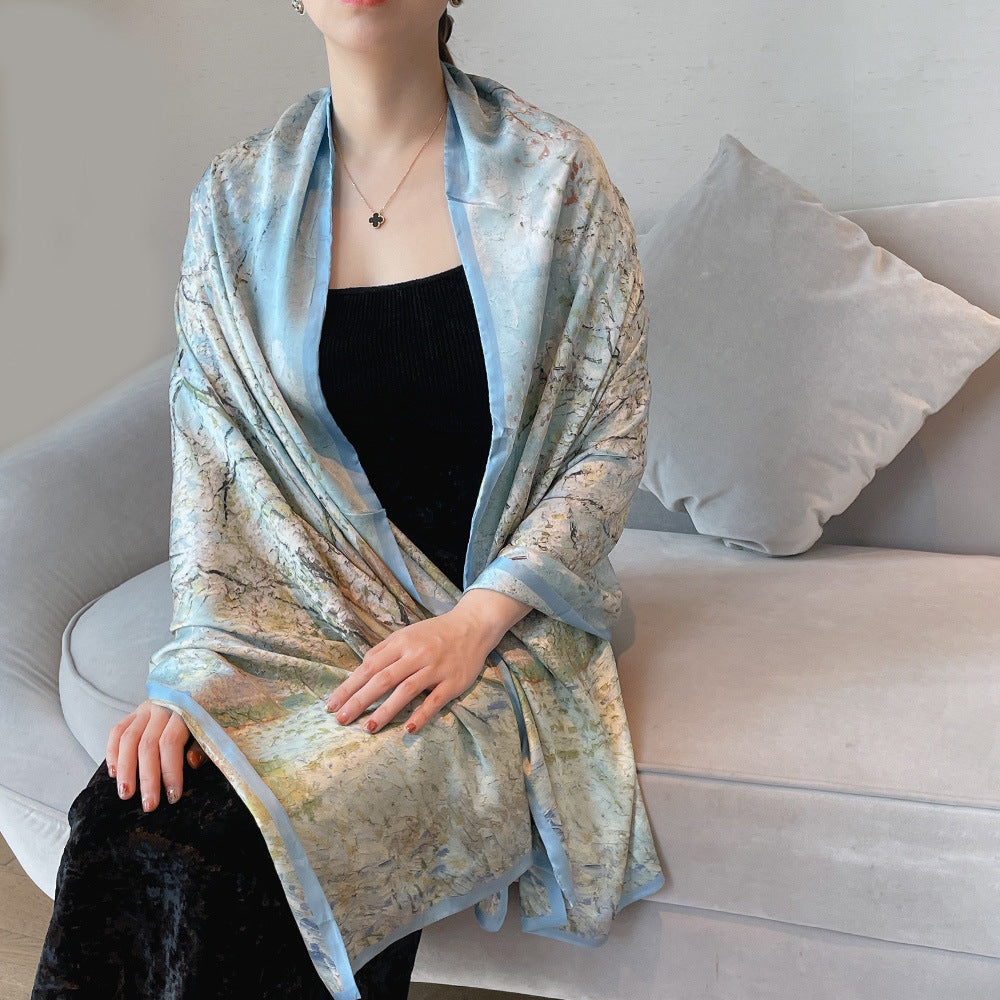 Van Gogh Monet oil painting double-sided double-layer silk scarf women's long 180x70 new silk satin popular fashion scarf shawl New