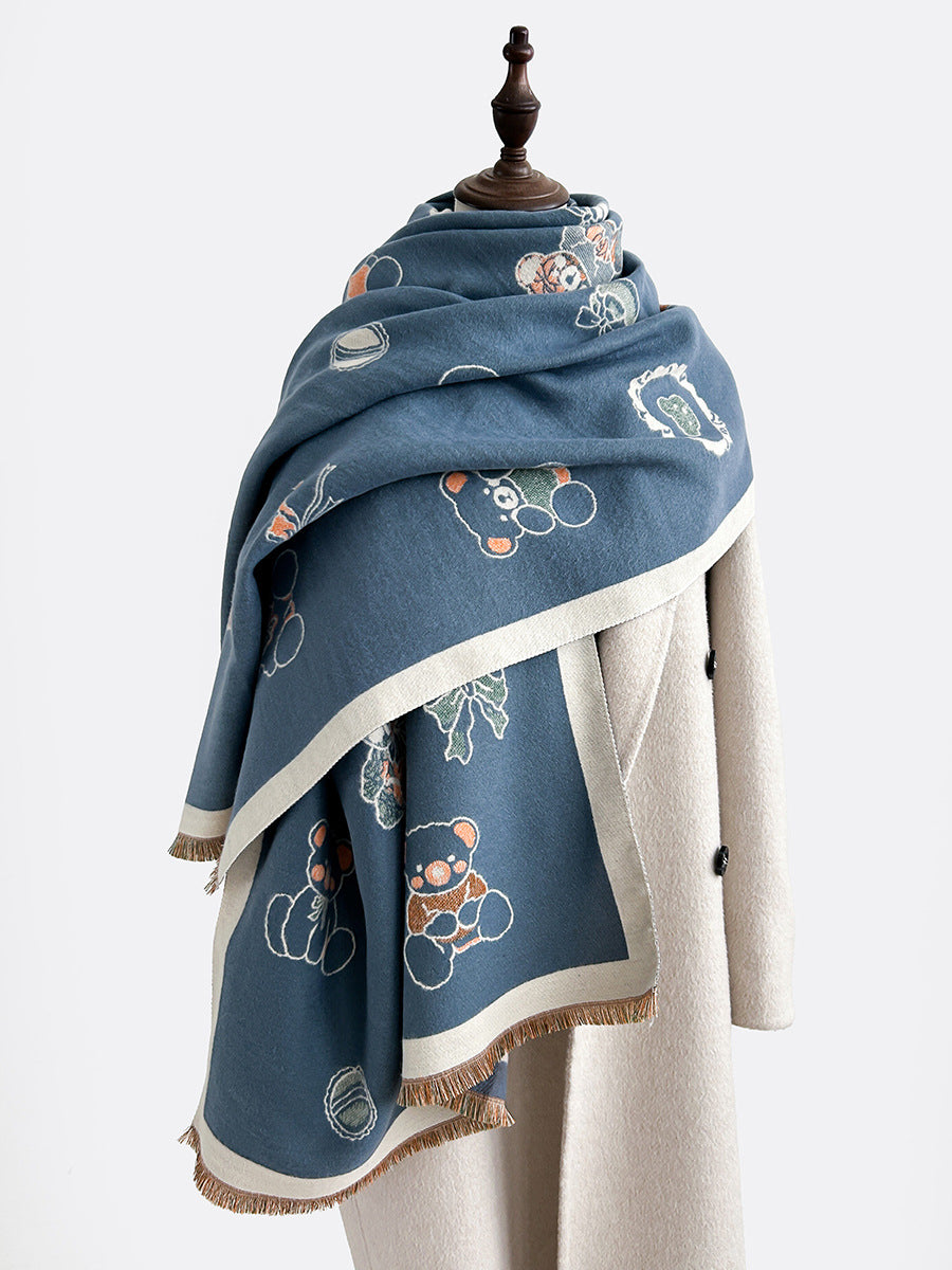 Cartoon Cute Cat Double-Sided Double-Wearing Imitation Cashmere Women's Winter Thickened Warm Neck Shawl Student Soft