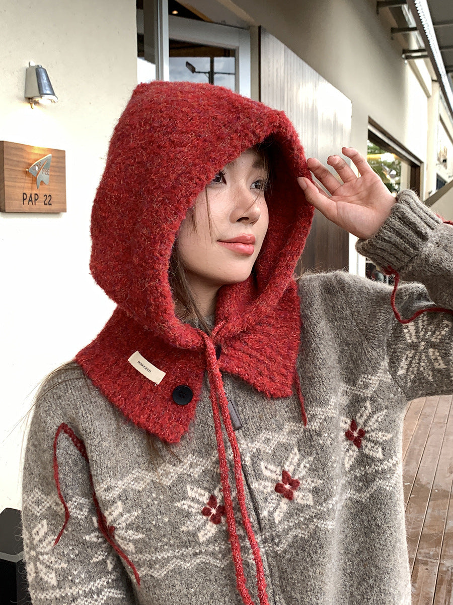 Balaclava Hat New Women's Winter Face-Show Small Ear Protection Neck Integrated Warm Knitted Roll Wool Hat